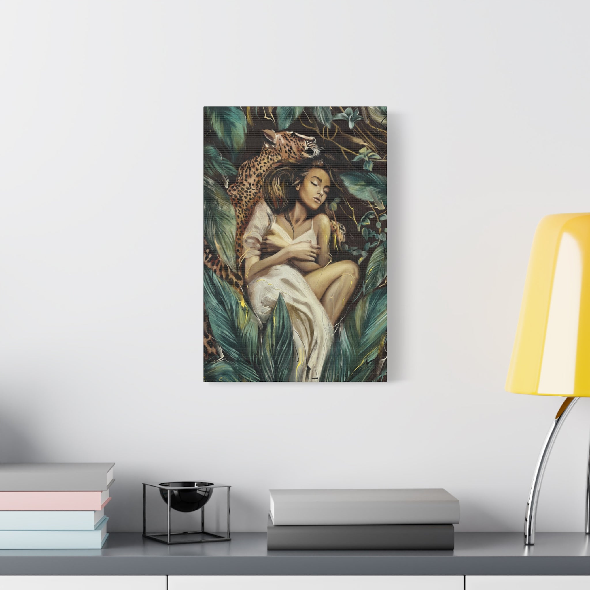 Jungle Dream Matte Canvas—a Woman with Leopard Art Print (Stretched)