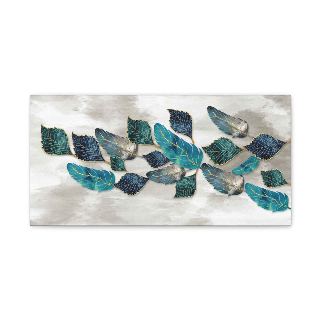 Teal Botanical Leaf Wall Art Canvas – Modern Blue & Gold Nature Abstract Decor