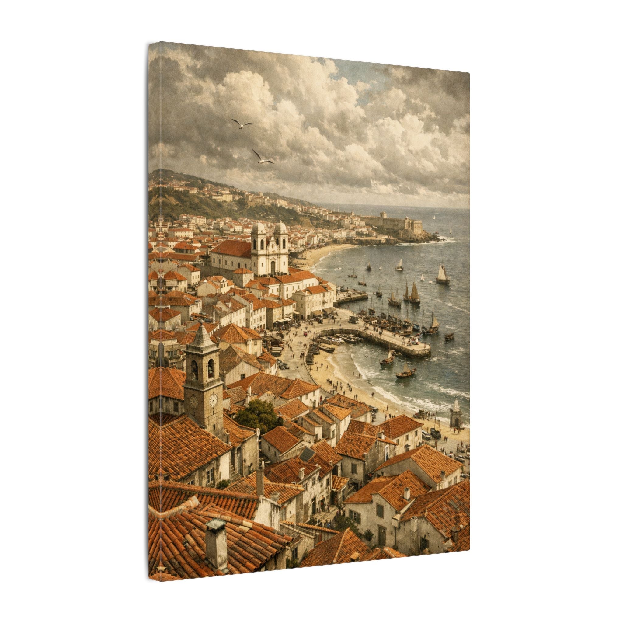 Coastal Mediterranean Canvas Print — Vintage Seaside Town Wall Art 