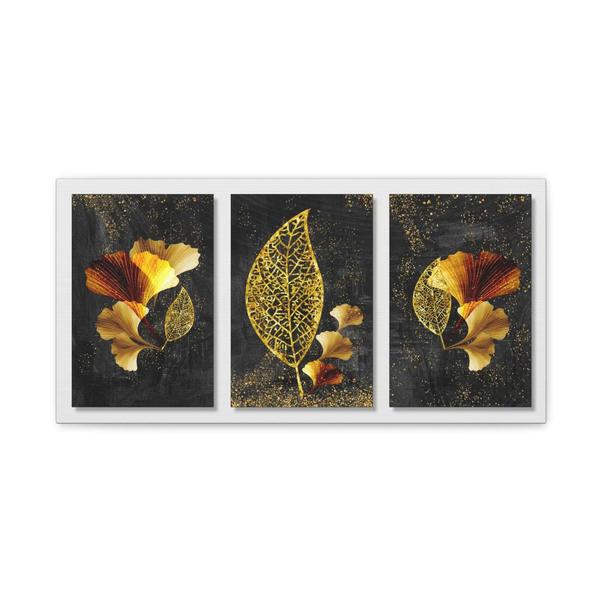 Gold Botanical Leaf Triptych Canvas Wall Art – Luxury Botanical Decor