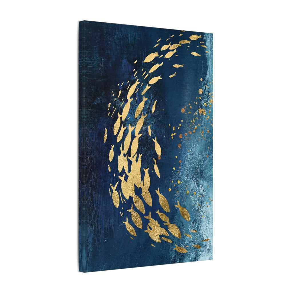 Abstract Gold Fish Canvas — Navy Ocean Wall Art (Matte Stretched)