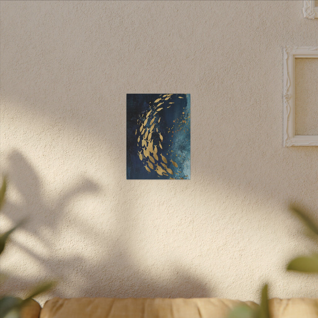 Abstract Gold Fish Canvas — Navy Ocean Wall Art (Matte Stretched)