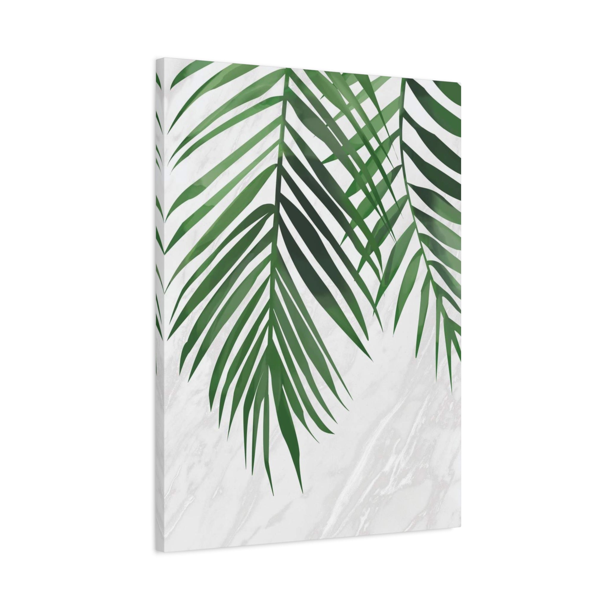 Tropical Palm Leaf Canvas Wall Art — Green Palm Fronds on Marble Matte Canvas 
