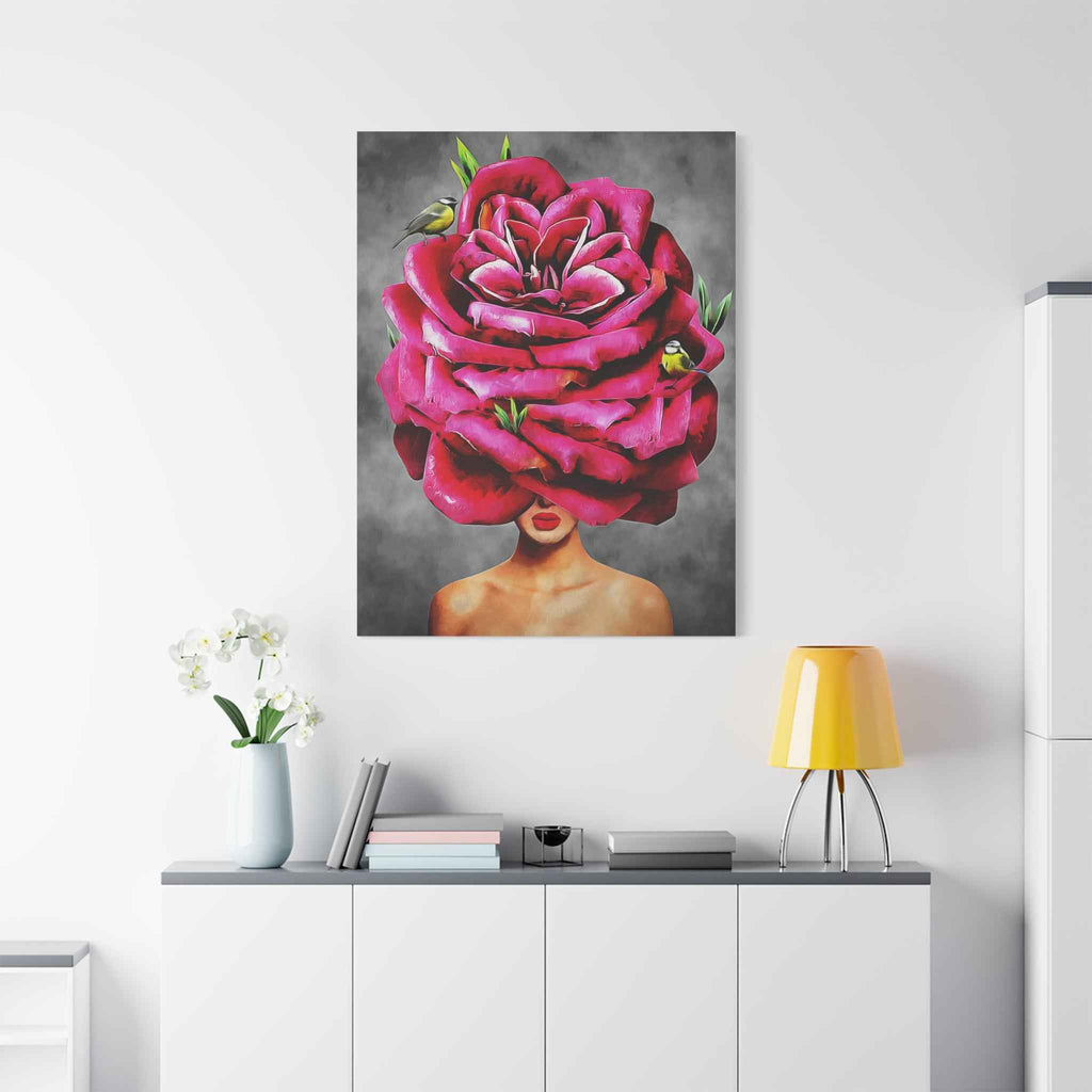 Surreal Rose Woman Canvas Wall Art – Floral Portrait Modern Abstract Wall Decor