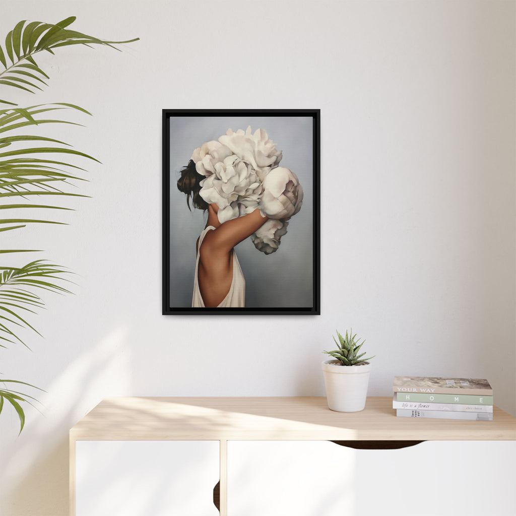 Framed Matte Canvas Art — Woman with Oversized White Peonies (Neutral Floral Wall Decor)