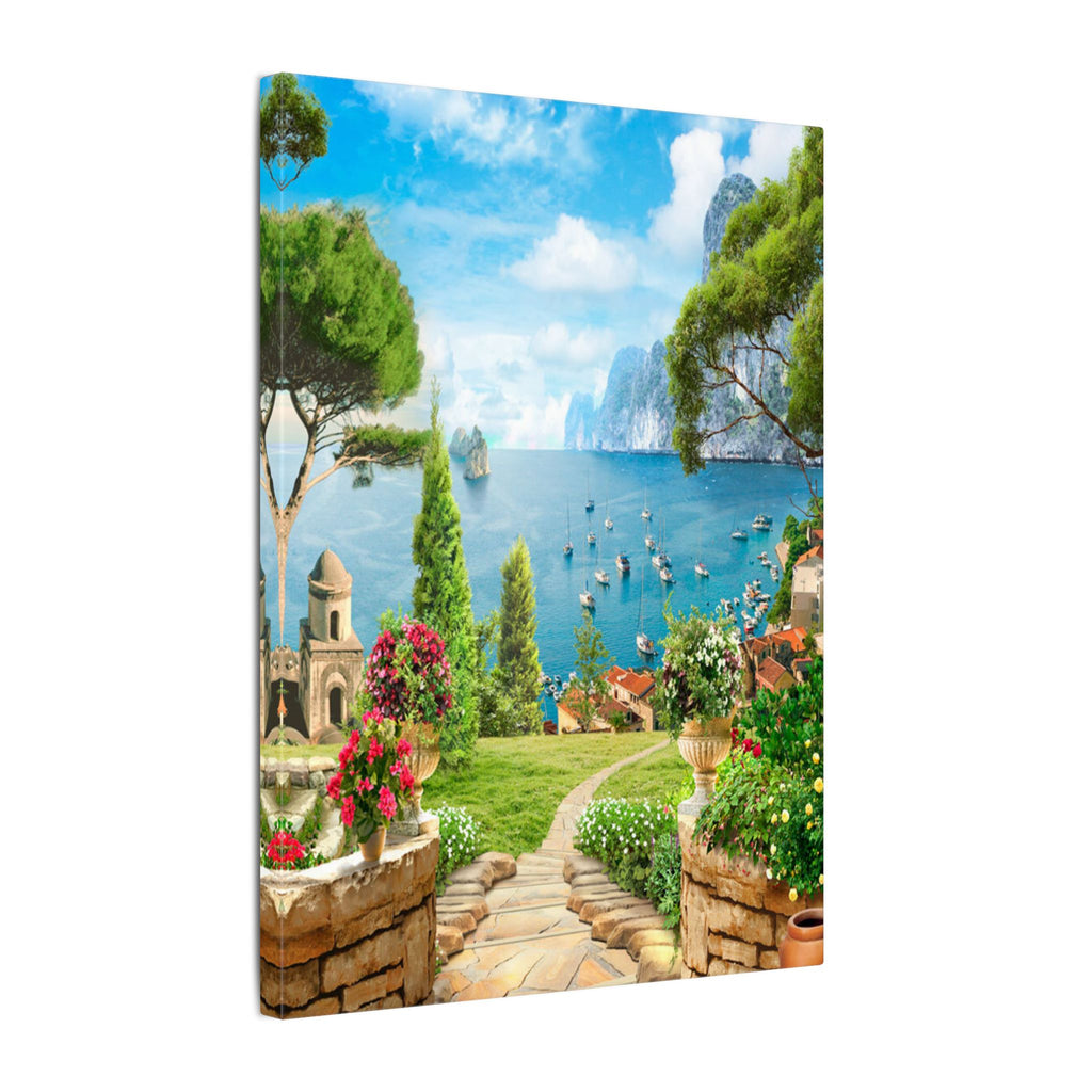 Canvas Wall Art - Mediterranean Seaside Pathway Painting (Matte Stretched Canvas)