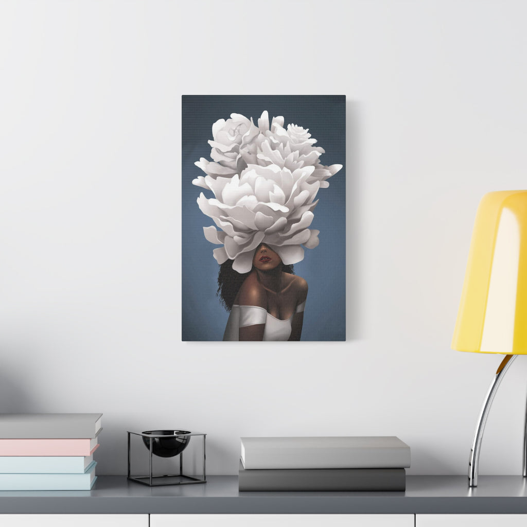 Floral Veil Canvas Wall Art — Elegant Woman with Oversized White Peony 
