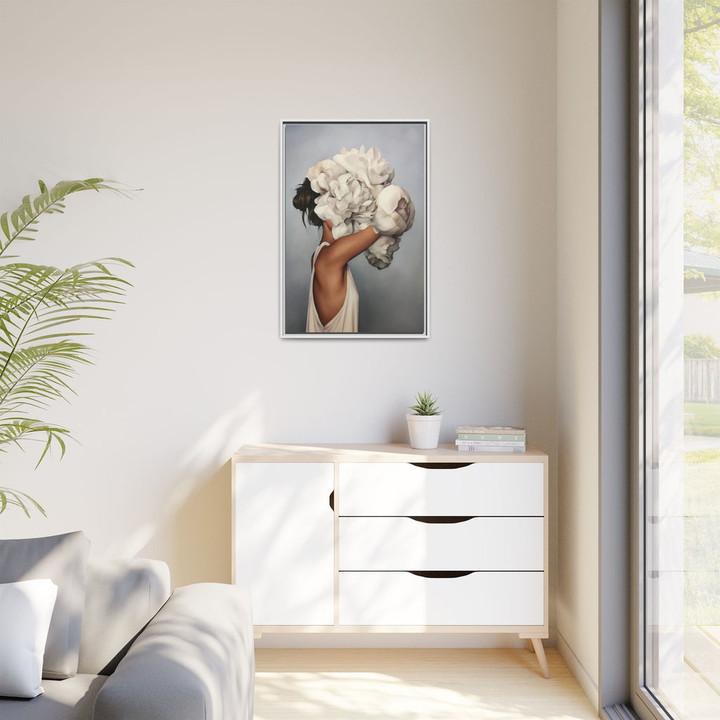Framed Matte Canvas Art — Woman with Oversized White Peonies (Neutral Floral Wall Decor)