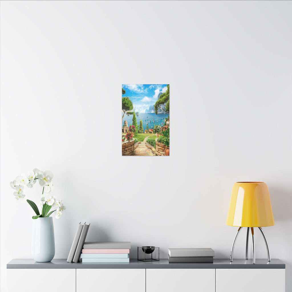 Canvas Wall Art - Mediterranean Seaside Pathway Painting (Matte Stretched Canvas)