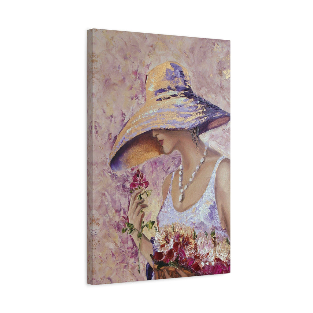 Floral Lady in Wide Brim Hat — Matte Stretched Canvas Wall Art
