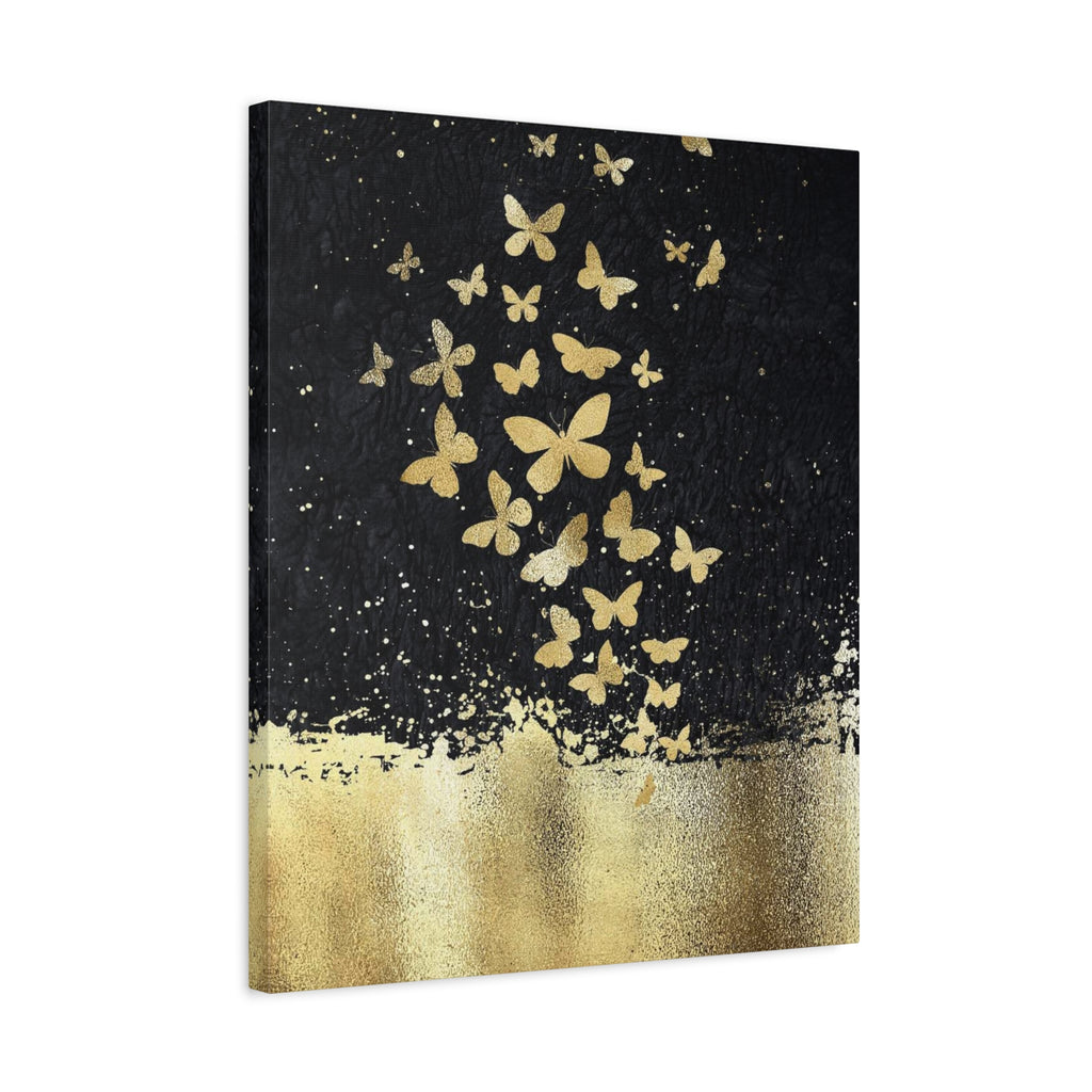 Canvas Art - Gold Butterflies on Black Abstract Matte Stretched Canvas
