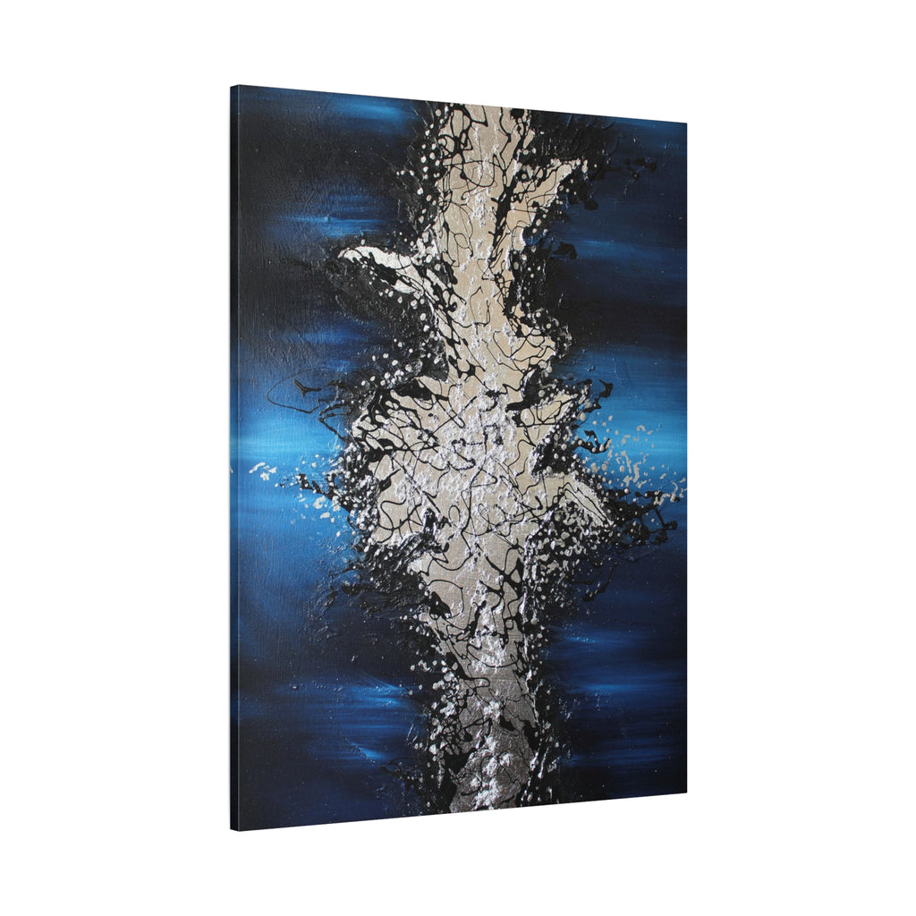 Abstract Oceanic Burst Canvas Print — Blue & Silver Matte Stretched Wall Art