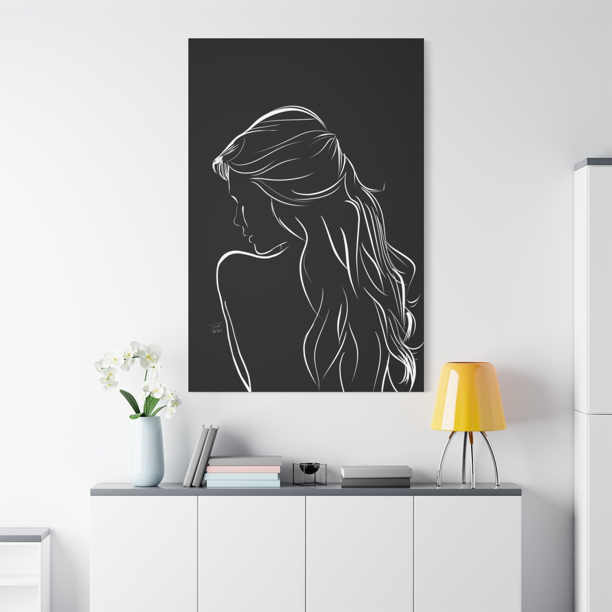 Minimal Line Art Woman Canvas Print — Black & White Silhouette Wall Art 
