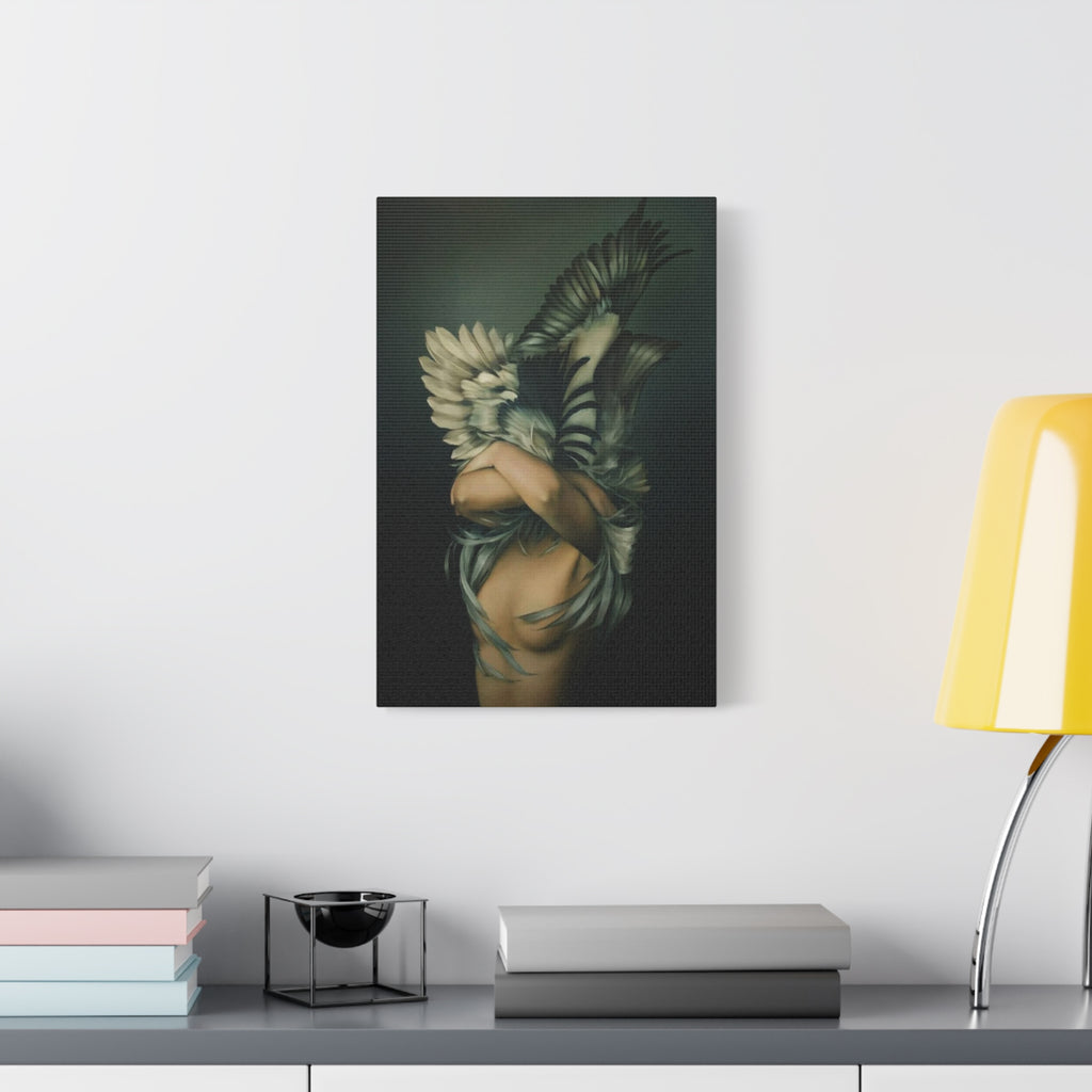 Winged Embrace Matte Canvas Wall Art — Surreal Feathered Figure Stretched Print