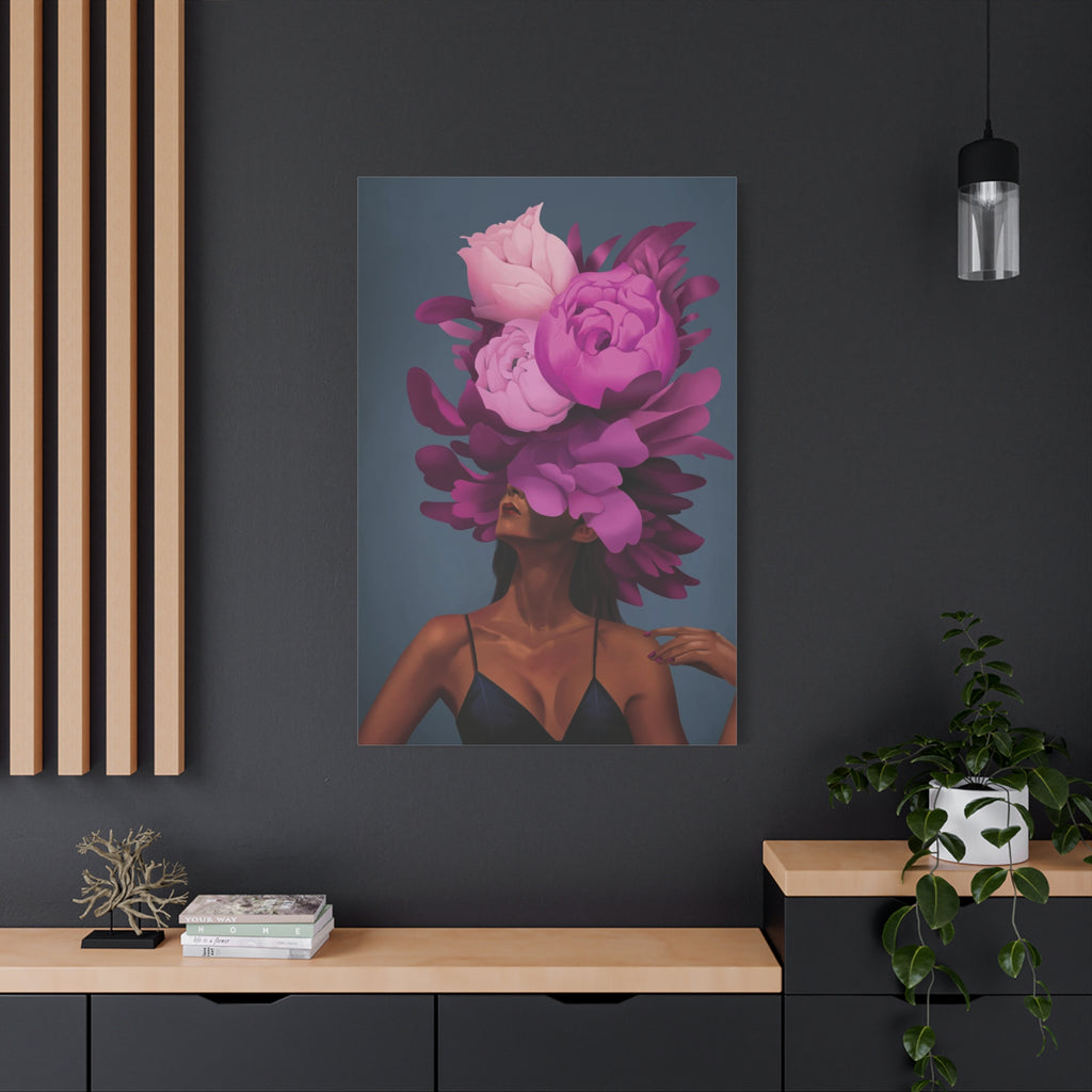 Floral Portrait Canvas Print — Woman with Oversized Pink Peony Hat (Matte Stretched) 