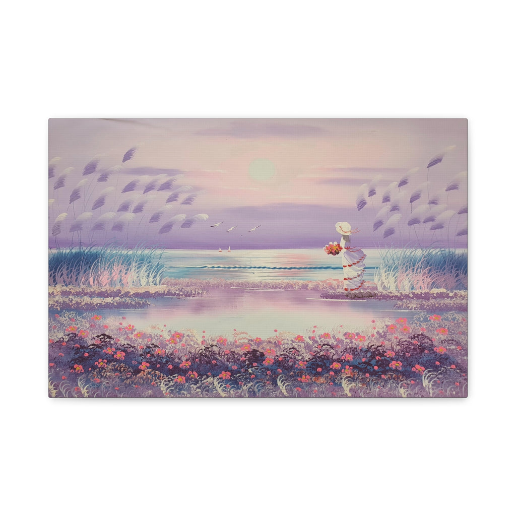 Sunset Seaside Canvas - Woman with Bouquet Beach Wall Art 