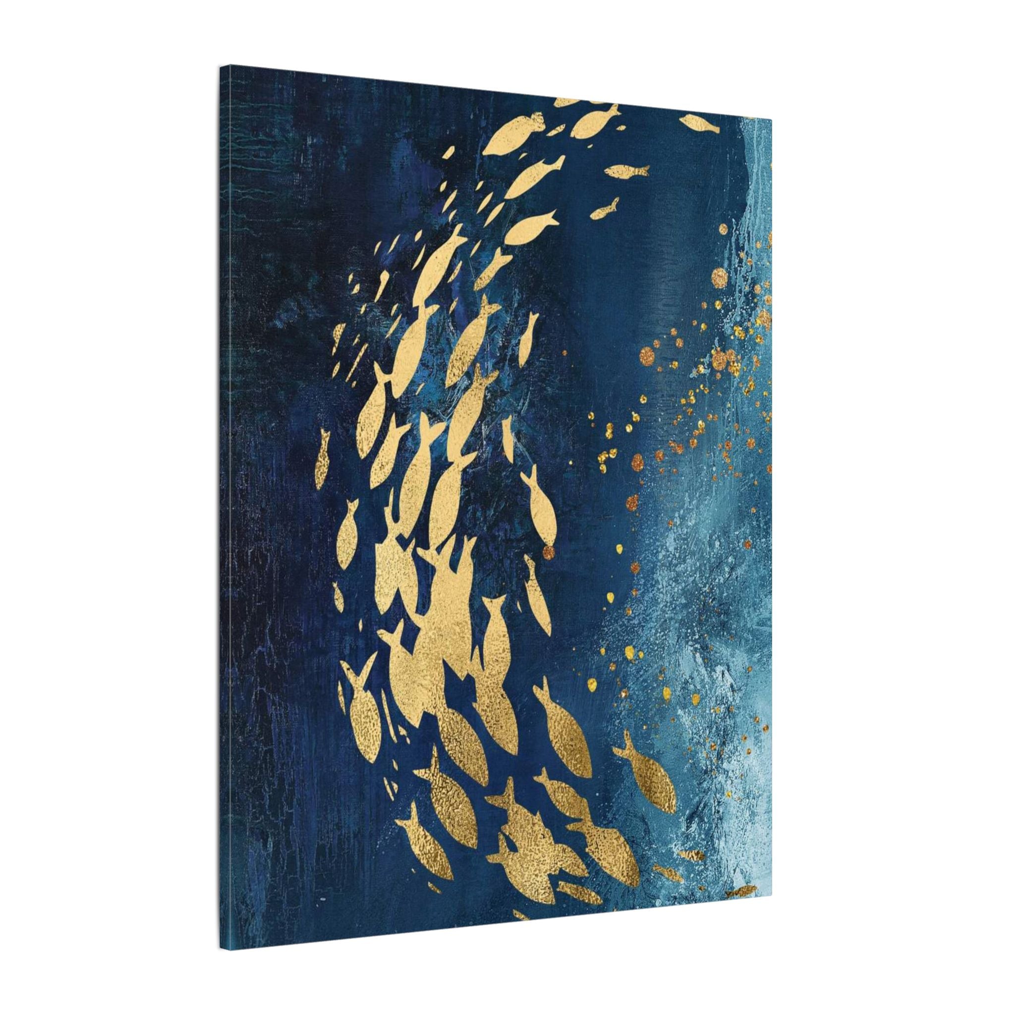 Abstract Gold Fish Canvas — Navy Ocean Wall Art (Matte Stretched)
