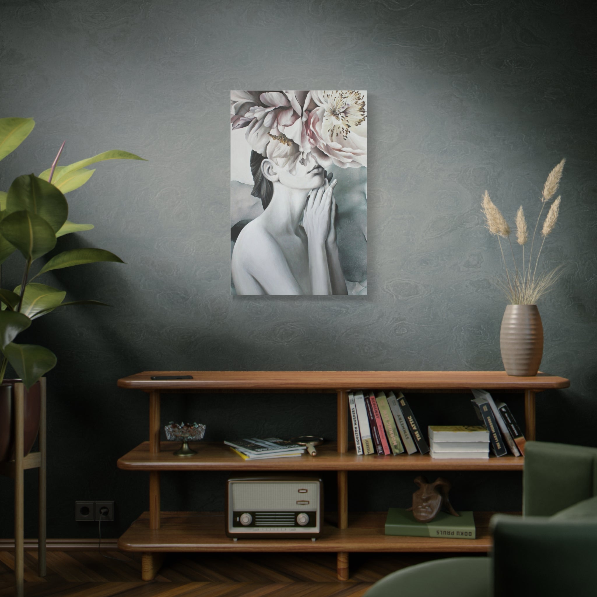 Floral Reverie Matte Canvas Print — Woman with Peony Art