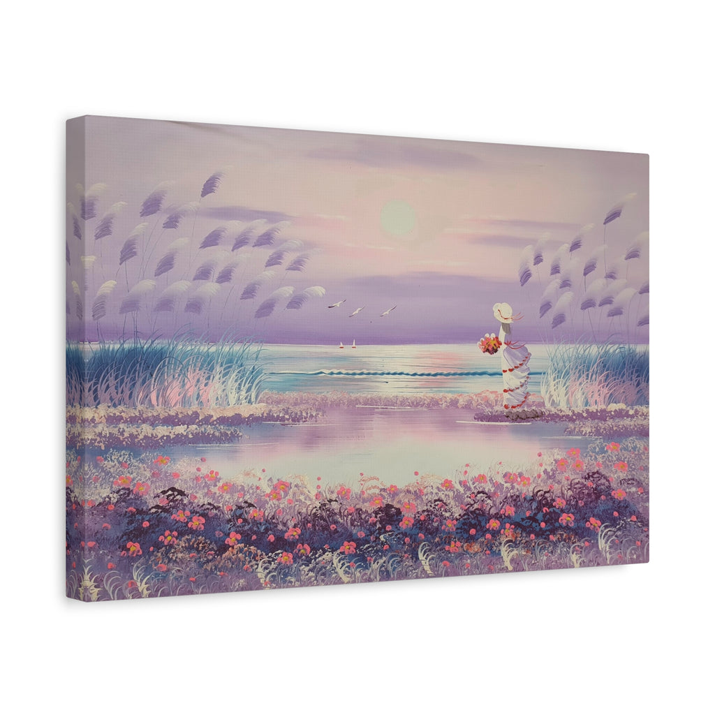 Sunset Seaside Canvas - Woman with Bouquet Beach Wall Art 