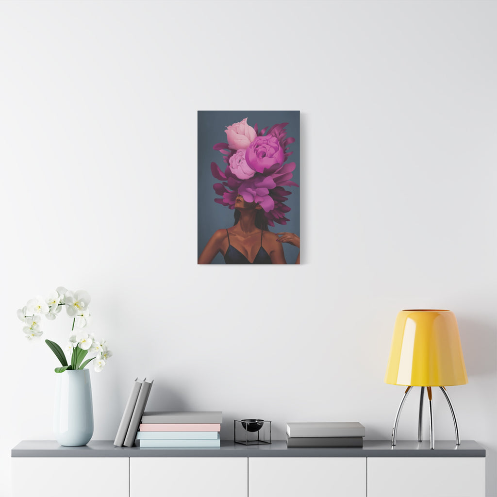 Floral Portrait Canvas Print — Woman with Oversized Pink Peony Hat (Matte Stretched) 