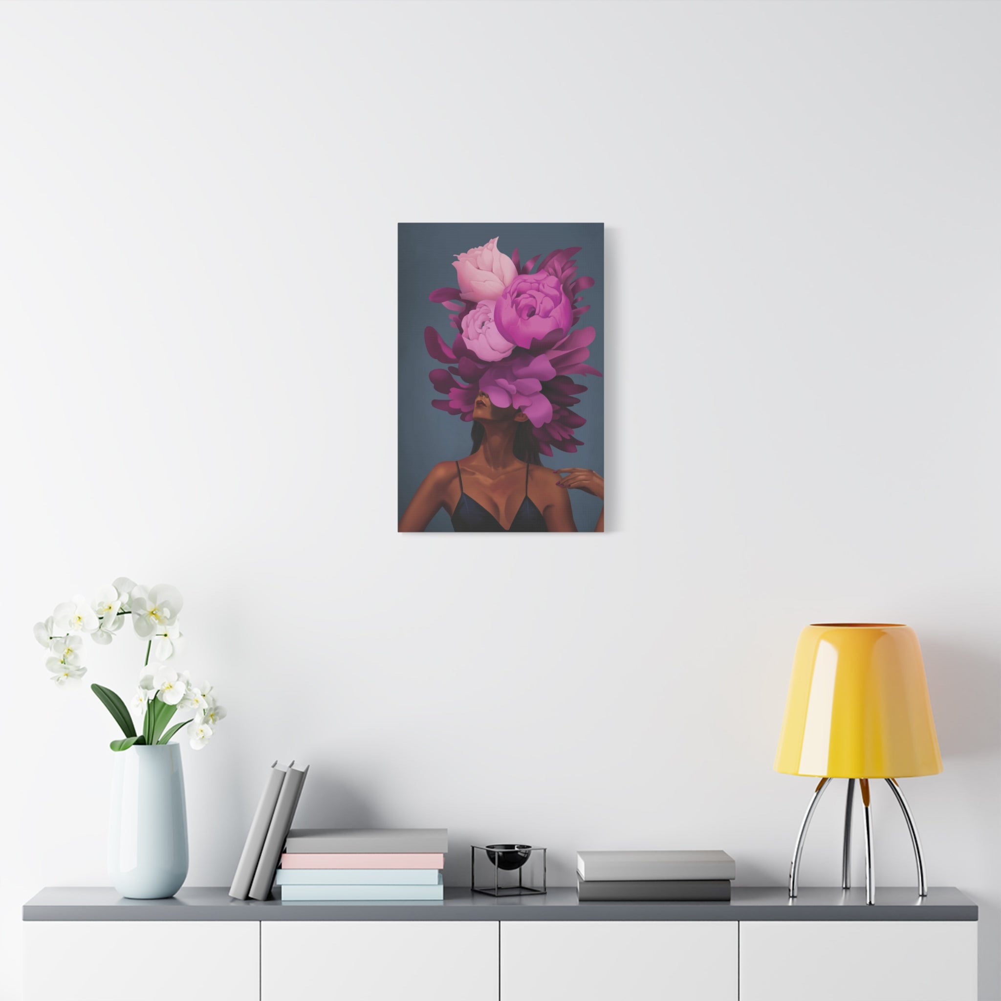 Floral Portrait Canvas Print — Woman with Oversized Pink Peony Hat (Matte Stretched) 