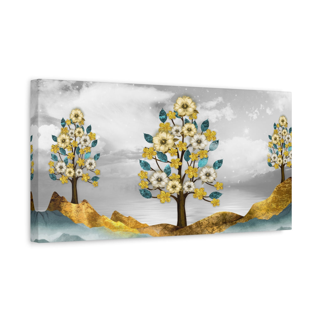 Floral Gold Tree Canvas Wall Art — Teal & Grey Stretched Matte Canvas