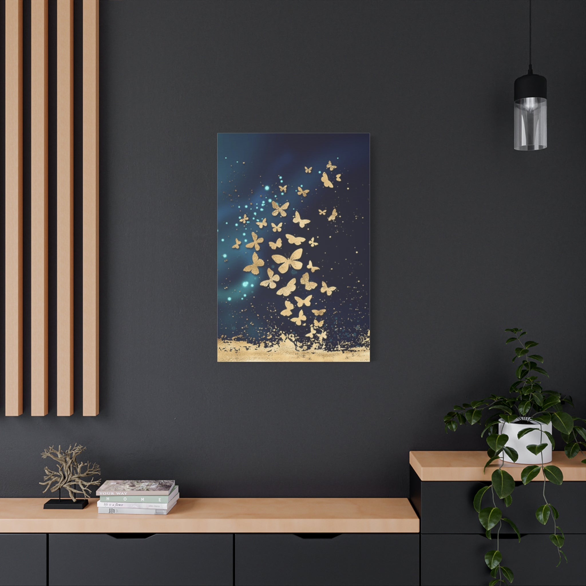 Gold Butterflies on Navy Canvas Print — Stretched Matte Wall Art 