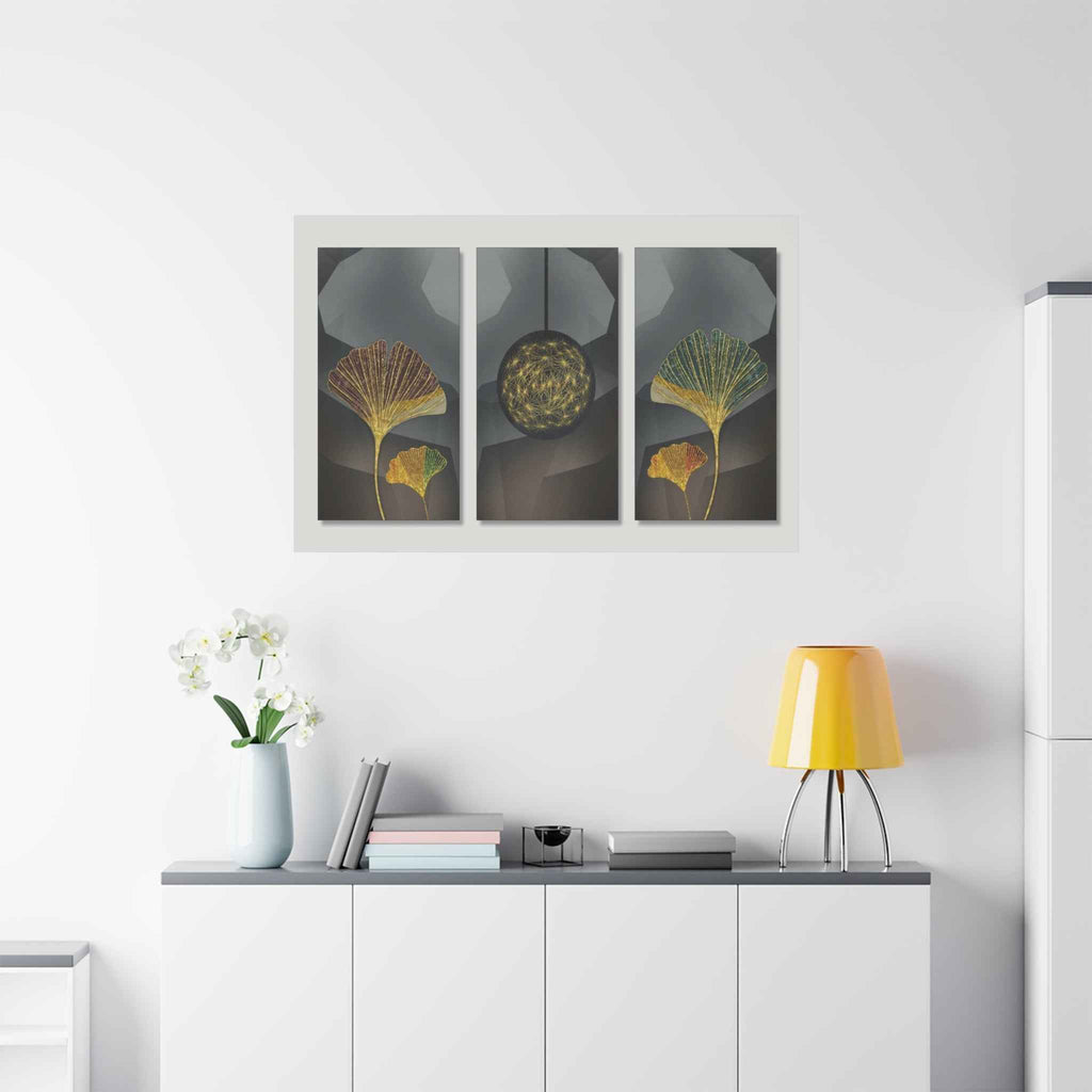 Gold Ginkgo Leaf Wall Art – Modern Botanical Triptych Canvas Decor
