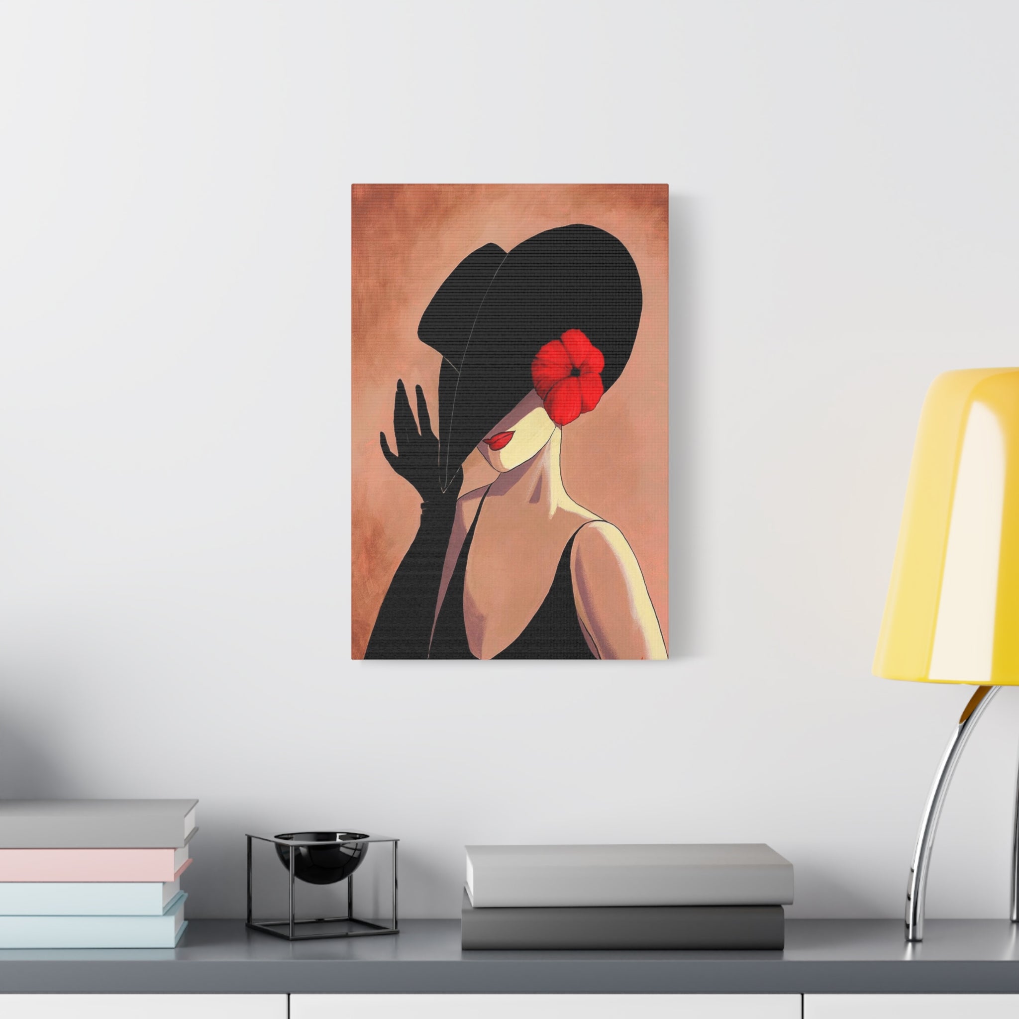 Elegant Lady with Black Hat Canvas Art — Red Flower Portrait 