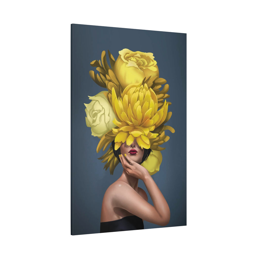 Yellow Floral Femme Canvas Wall Art — Modern Portrait with Giant Flowers 