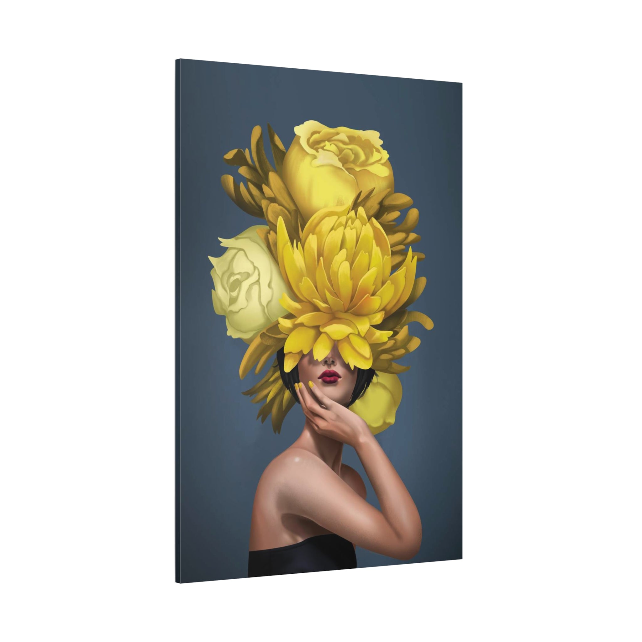 Yellow Floral Femme Canvas Wall Art — Modern Portrait with Giant Flowers 
